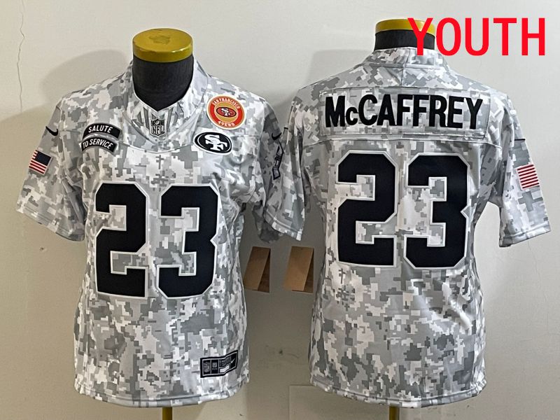 Youth San Francisco 49ers #23 Mccaffrey Nike Arctic Camo 2025 Salute to Service Limited NFL Jersey style 6